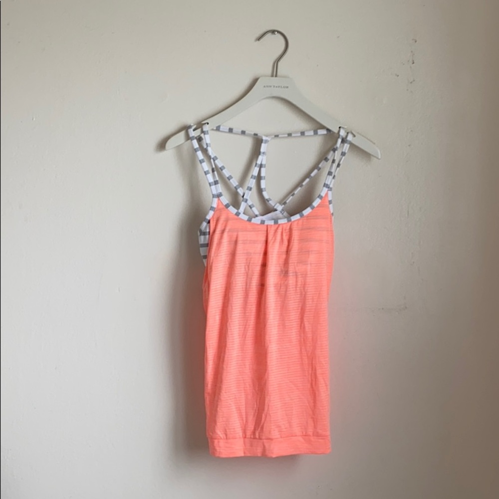 Athleta orange and grey/white striped shirt